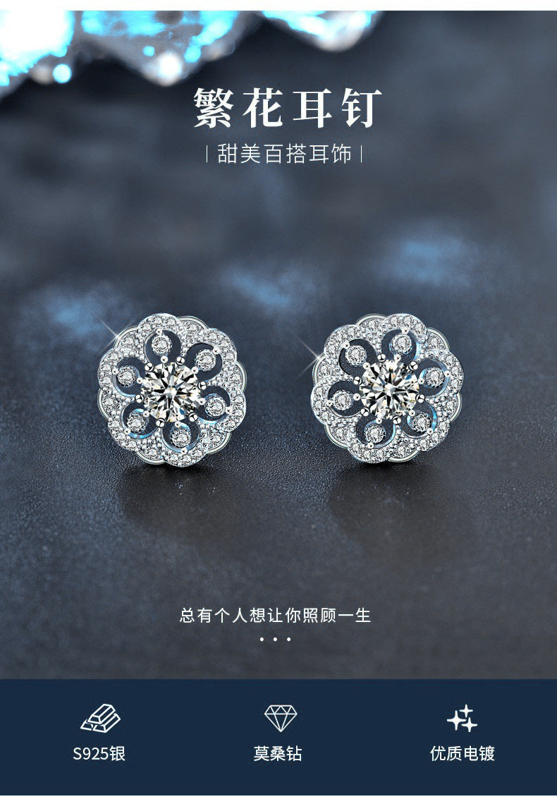 Trendy Chinese-style original 925 silver flower earrings for women, unique and delicate round flower earrings, ins