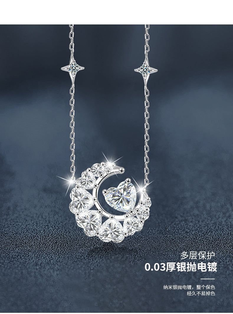 925 Silver Moissanite Star and Moon Necklace, Colorfast, Women's Design, Autumn and Winter High-end Heart Collar, Ins Unique