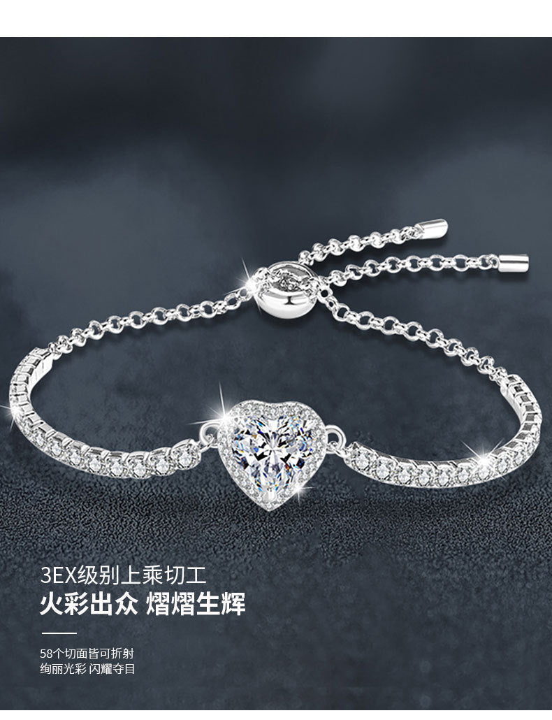 s925 Sterling Silver Heart Bracelet for Women, Simple and Versatile Silver Bracelet with Moissanite Inlay, Cross-border Jewelry