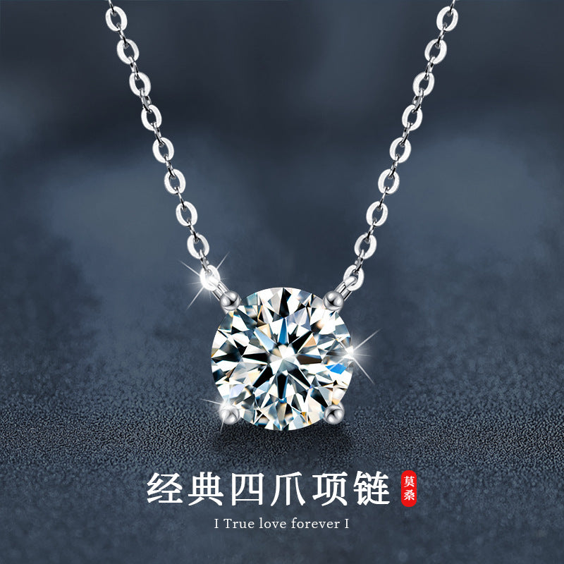 S925 Sterling Silver Moissanite Necklace for Women, Simple Luxury Classic Four-Claw Pendant Collar Jewelry