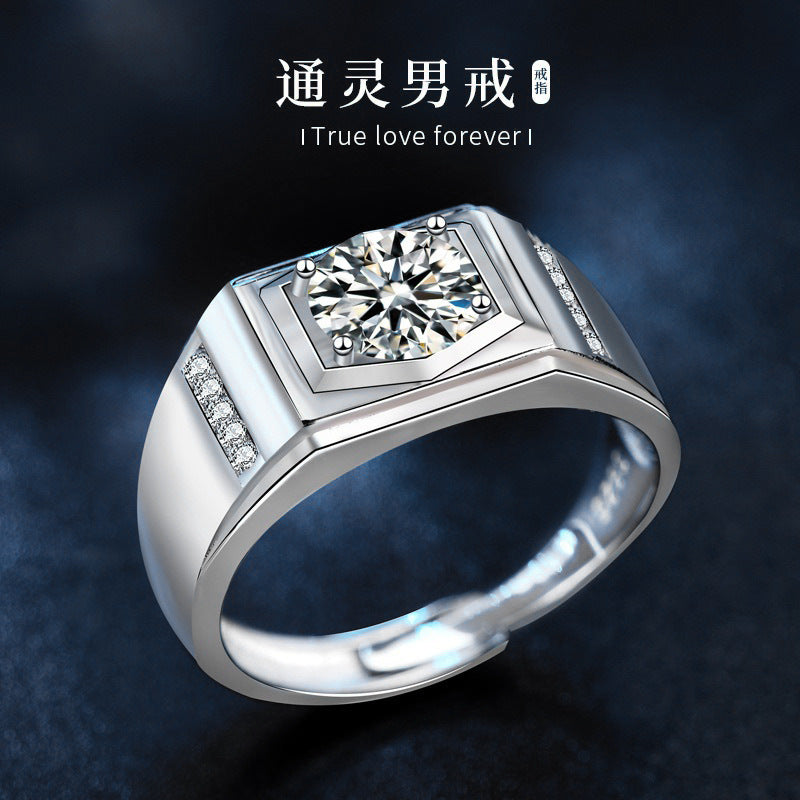 925 Sterling Silver Men's Ring Jewelry High-End Moissanite Simulated Diamond Ring European and American Hip Hop Men's Ring Cross-Border Good Product