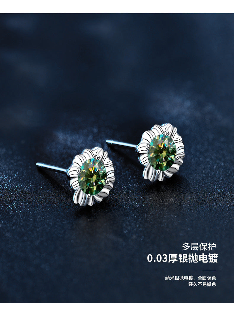 Sunflower 925 Sterling Silver Earrings, Unique Design, Ins-style Cute and Exquisite Green Moissanite Earrings