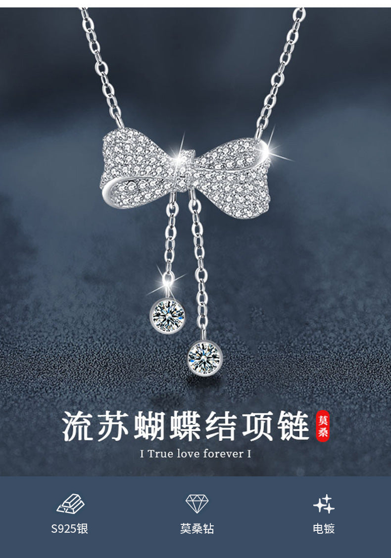 Women's Moissanite Jewelry Necklace 925 Silver Tassel Bow Pendant Luxury Collar Chain