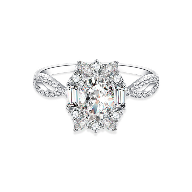 Women's Moissanite Ring, 925 Sterling Silver Oval Pigeon Egg Shape Simulated Diamond Ring, Platinum-tone Color, Cross-border Accessories