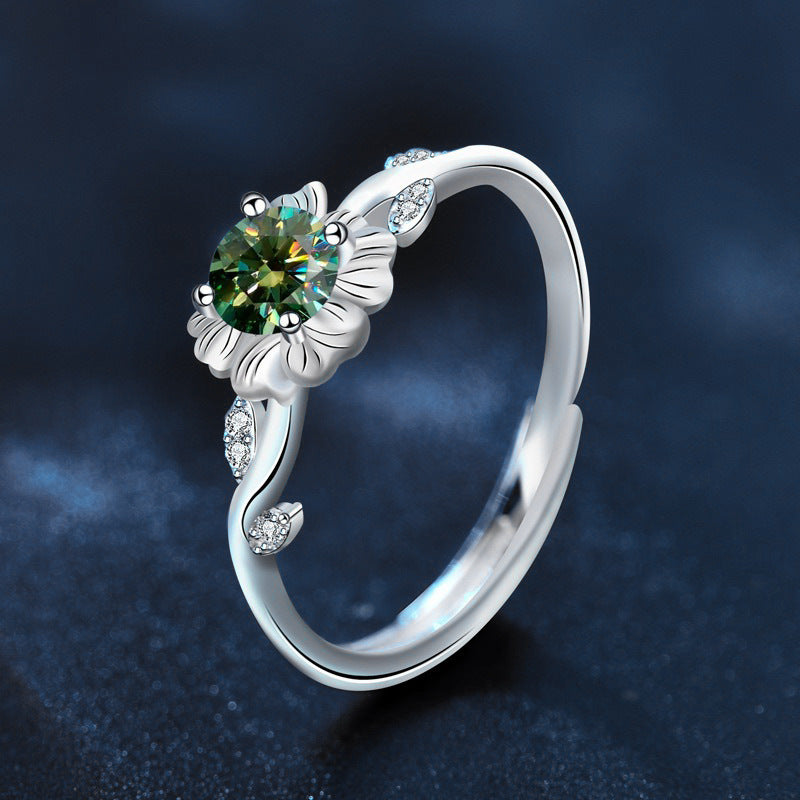 925 Sterling Silver Sunflower Ring for Women, Vintage Personalized Sunflower Open Ring, Emerald Moissanite Jewelry