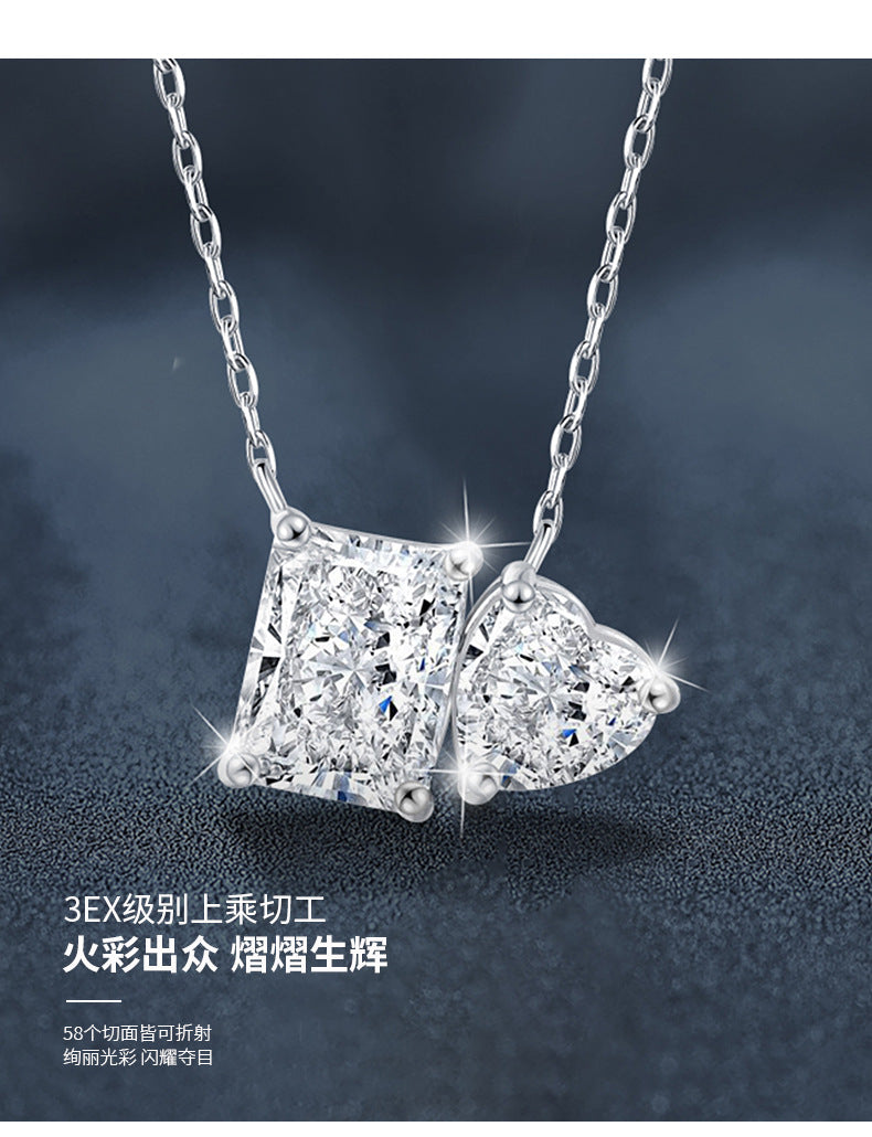 Cross-border Jewelry Moissanite Necklace 925 Sterling Silver Women's Pendant Rectangle Heart Clavicle Chain European and American Hot-selling Necklace
