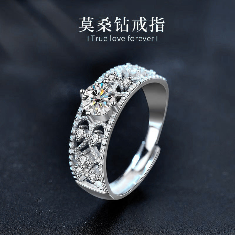 New European and American Moissanite 925 Silver Adjustable Open Ring, Women's Ins Unique Couple Gift
