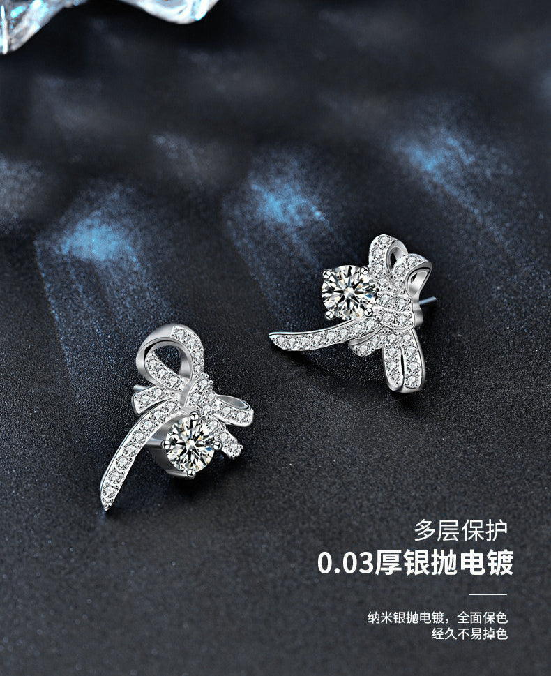 Original jewelry earrings, Korean simple and delicate earring pins, girls' 925 silver needle, elegant moissanite bow earring accessories