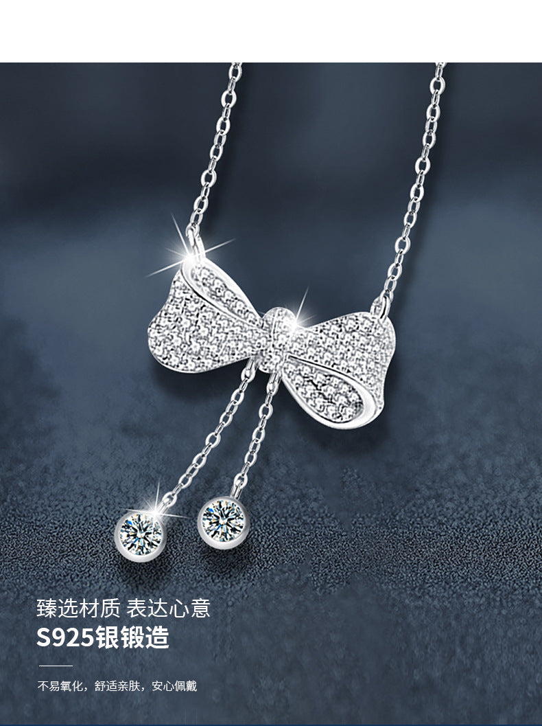 Women's Moissanite Jewelry Necklace 925 Silver Tassel Bow Pendant Luxury Collar Chain