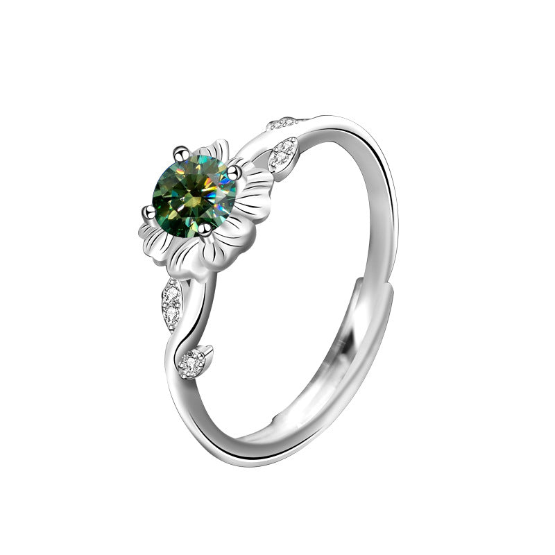 925 Sterling Silver Sunflower Ring for Women, Vintage Personalized Sunflower Open Ring, Emerald Moissanite Jewelry