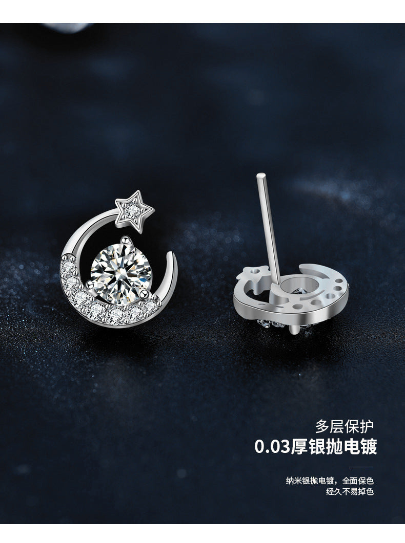 Moissanite 925 silver star moon earrings, ear piercing silver needle ear stick, delicate small earrings, summer earrings