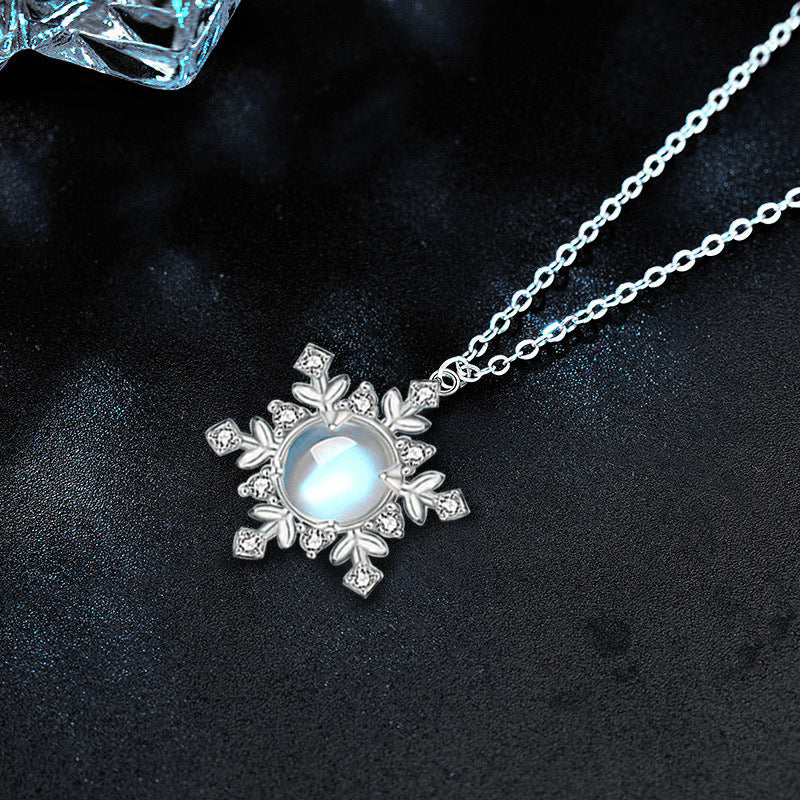 Moonstone Snowflake Necklace for Women, S925 Sterling Silver Pendant, Korean Style Fresh Clavicle Necklace, Christmas Gift Jewelry