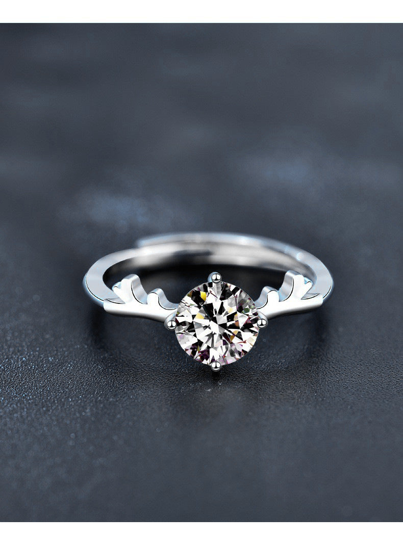 "With You Deer" Moissanite Open Ring 925 Sterling Silver Korean Style Mori Girl Antler Women's Ring Christmas Gift Jewelry