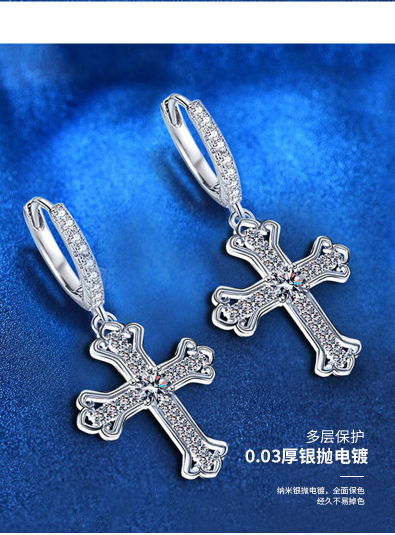 Wholesale 925 sterling silver earrings for women, new Moissanite cross ear buckles, trendy and high-end earrings with an ins style
