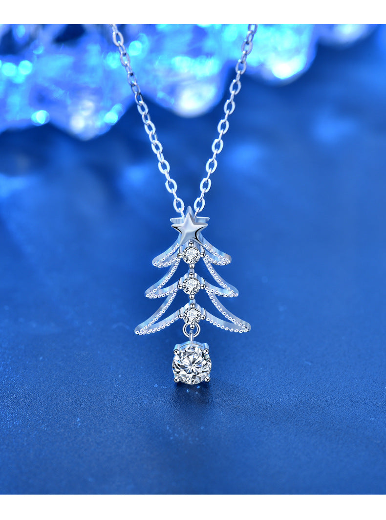 925 Silver Christmas Tree Necklace Pendant Jewelry, New European and American Style Moissanite Collar Accessories, Ins Christmas Gift