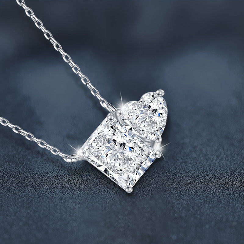 Cross-border Jewelry Moissanite Necklace 925 Sterling Silver Women's Pendant Rectangle Heart Clavicle Chain European and American Hot-selling Necklace