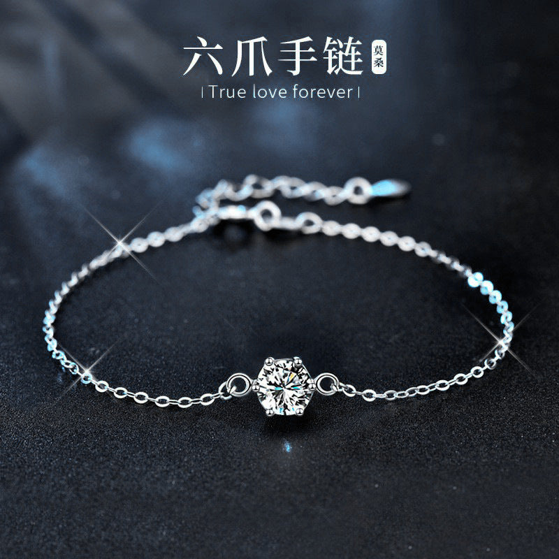 925 Silver Six-Prong Bracelet Wholesale Student Korean Style Simple Moissanite Bracelet Niche Hexagonal Jewelry