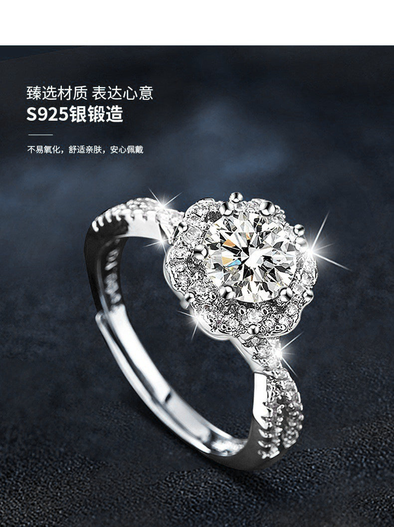 925 Sterling Silver Ring, Non-Fading, High-End Minimalist Style, Moissanite Open Ring, European and American Cross-Border Jewelry