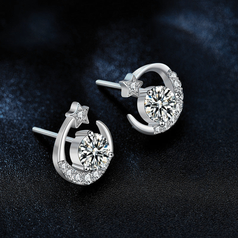 Moissanite 925 silver star moon earrings, ear piercing silver needle ear stick, delicate small earrings, summer earrings
