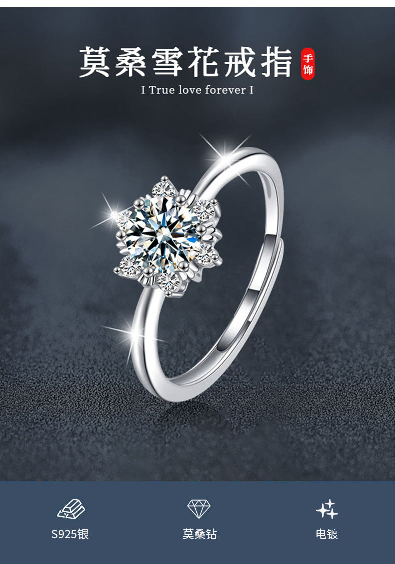 Moissanite Diamond S925 Sterling Silver Snowflake Ring, Women's Unique Style, Lightweight Luxury, High-end Design Ring, Cross-border Accessories