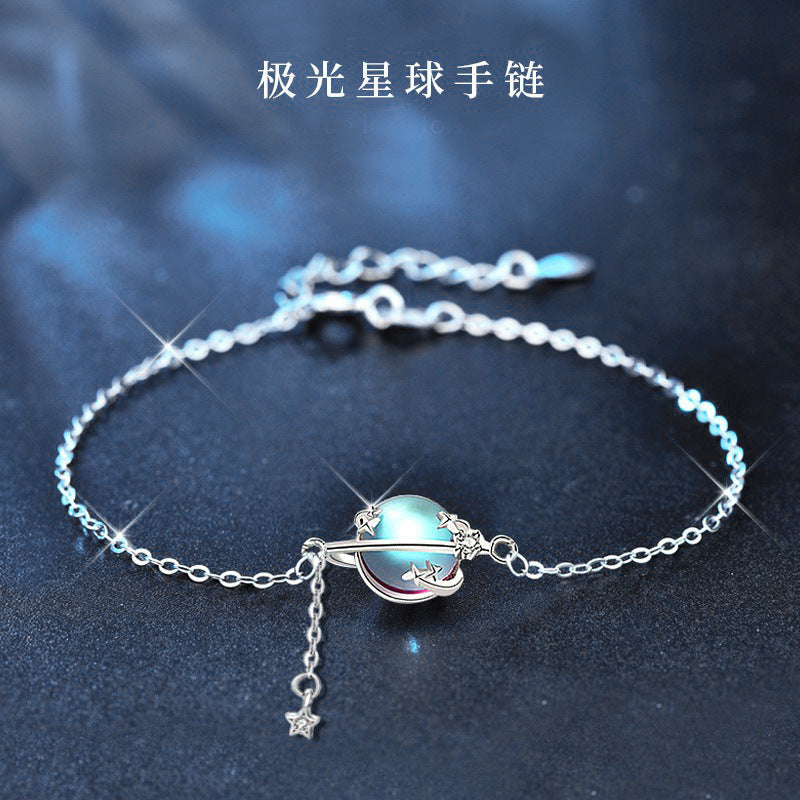Moonstone Planet Bracelet 925 Sterling Silver Bangle for Women Mori Style Sweet Cute Tassel Small Ornaments