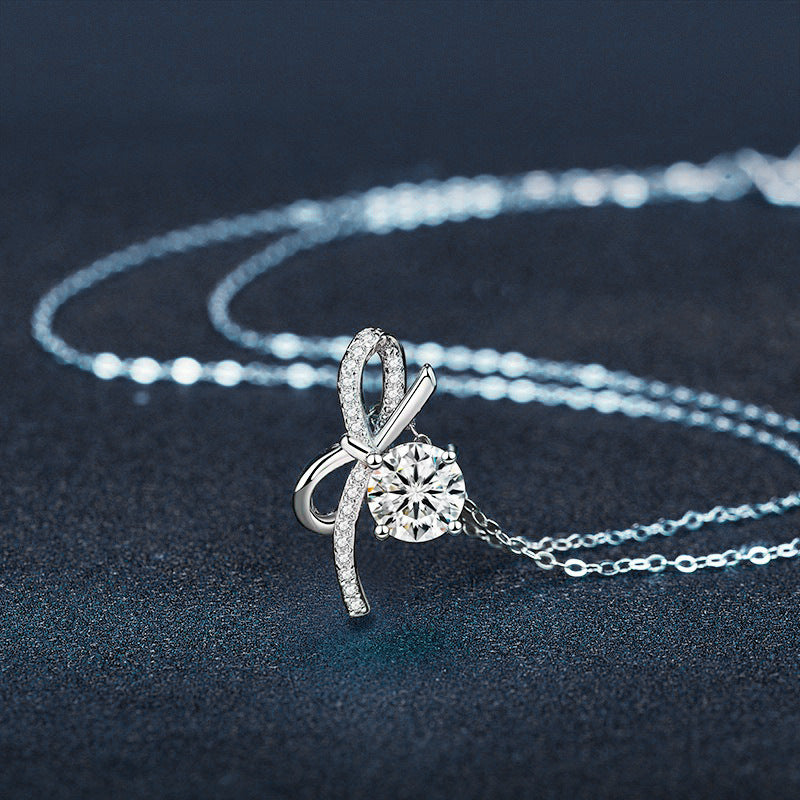 S925 Sterling Silver Luxury Bow Pendant Moissanite Necklace for Women, Unique Design, High-end Style, Cross-border Accessories