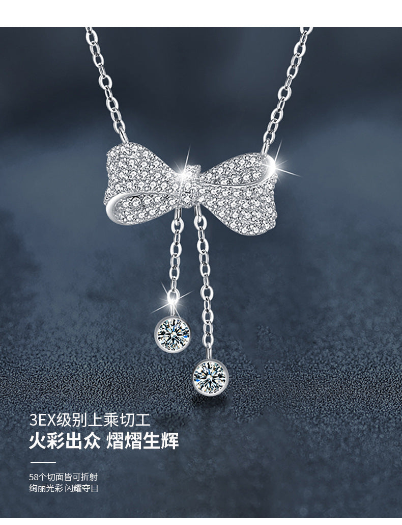 Women's Moissanite Jewelry Necklace 925 Silver Tassel Bow Pendant Luxury Collar Chain
