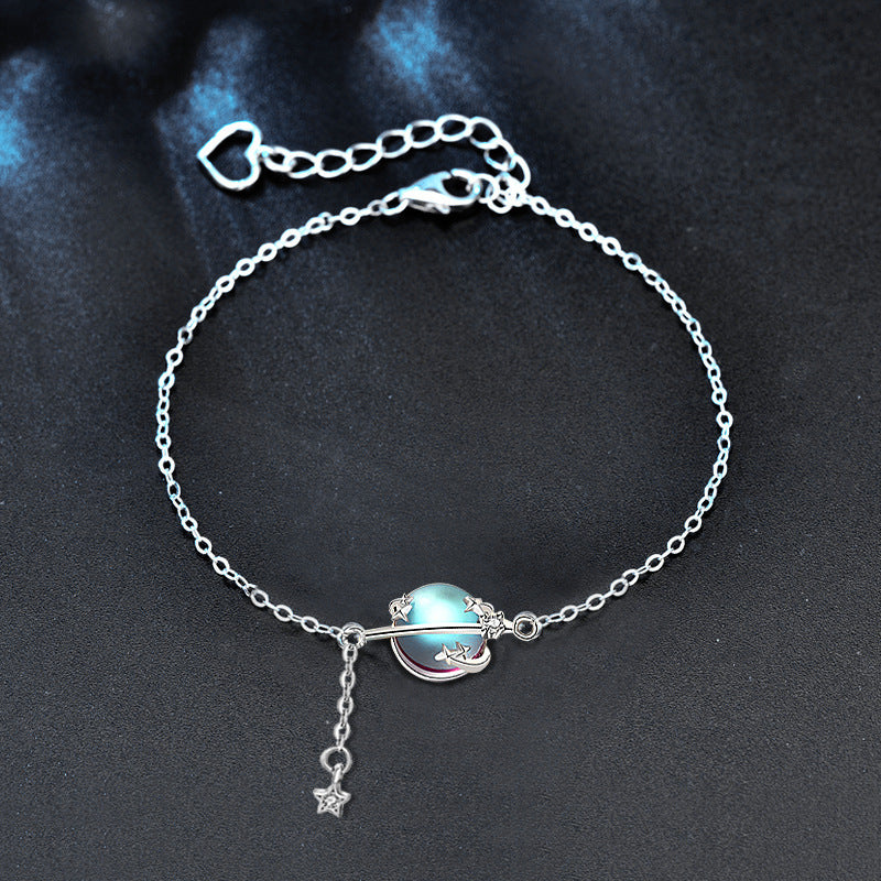 Moonstone Planet Bracelet 925 Sterling Silver Bangle for Women Mori Style Sweet Cute Tassel Small Ornaments