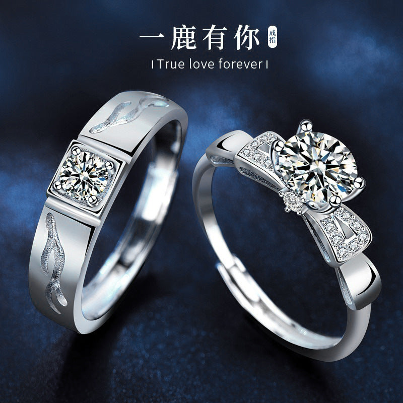 "With You, Deer" Couple Rings Wholesale 925 Sterling Silver Moissanite Simulated Diamond Christmas Jewelry Open Bracelet