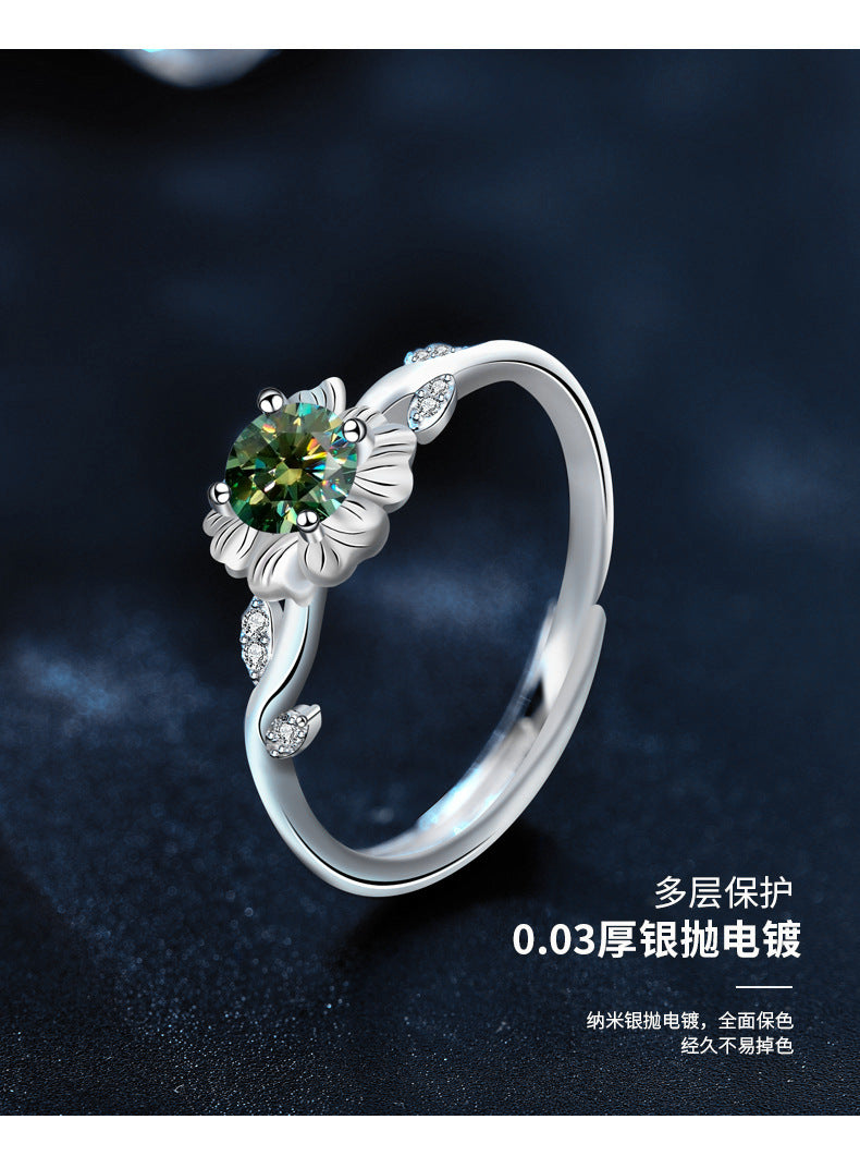 925 Sterling Silver Sunflower Ring for Women, Vintage Personalized Sunflower Open Ring, Emerald Moissanite Jewelry