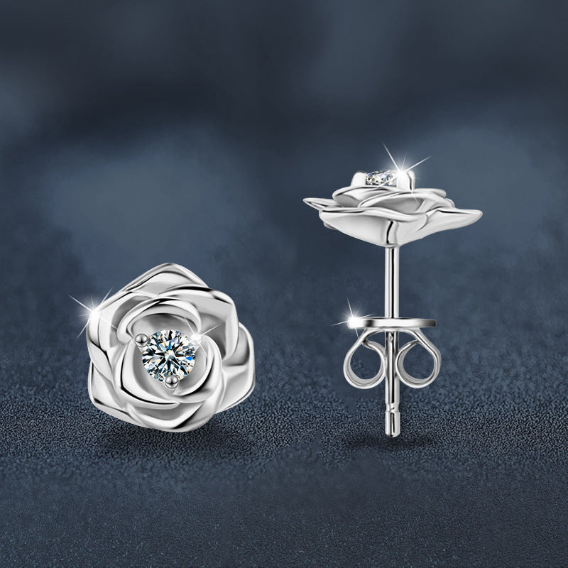 Moissanite Rose Earrings S925 Sterling Silver Niche Temperament Light Luxury High-End Earrings for Women