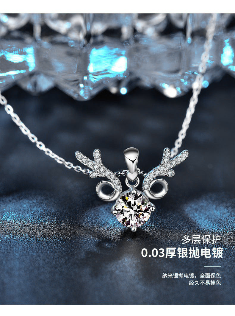 "All the Way Deer" 925 Sterling Silver Moissanite Pendant Necklace Women's INS Simple Clavicle Chain Christmas Gift Jewelry