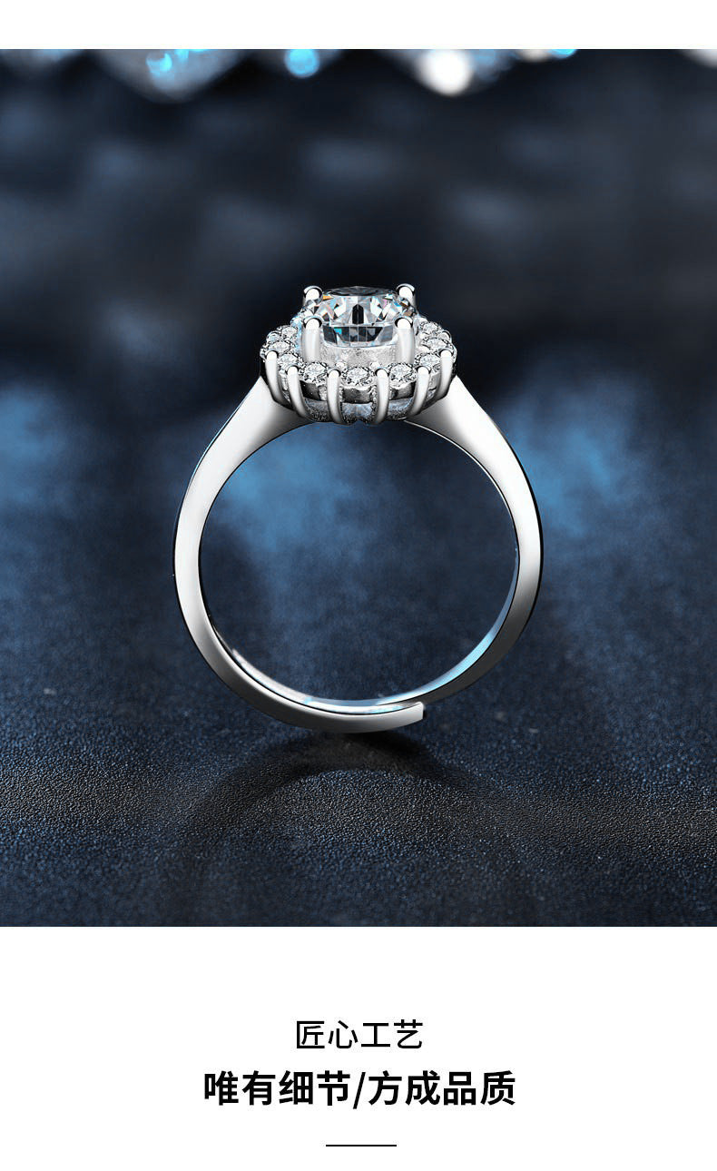 925 Sterling Silver Sunflower Ring Women's European and American Fashion Four-Claw Open Moissanite Diamond Ring Simulated Diamond Finger Ring