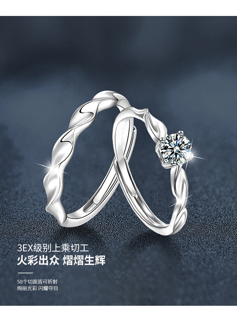 S925 Sterling Silver Braided Moissanite Couple Rings Korean Style Temperament Simple Men and Women Couple Rings Open Adjustable Finger Rings