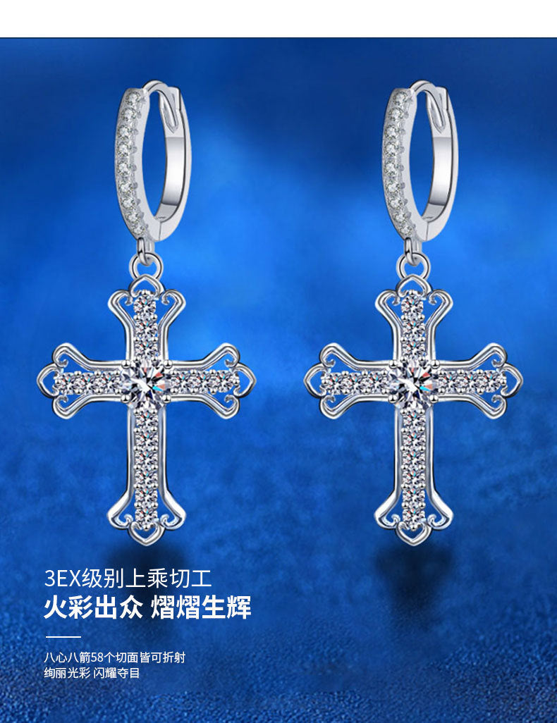 Wholesale 925 sterling silver earrings for women, new Moissanite cross ear buckles, trendy and high-end earrings with an ins style