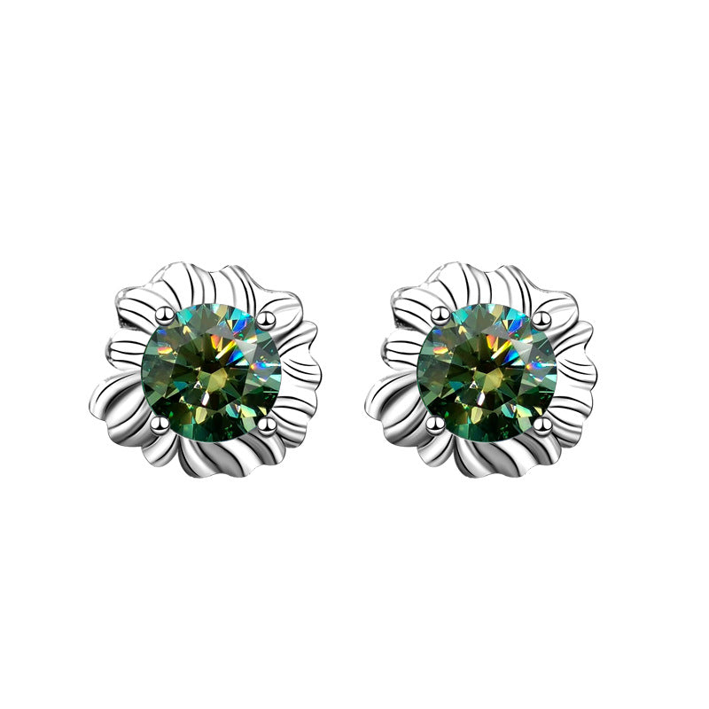 Sunflower 925 Sterling Silver Earrings, Unique Design, Ins-style Cute and Exquisite Green Moissanite Earrings