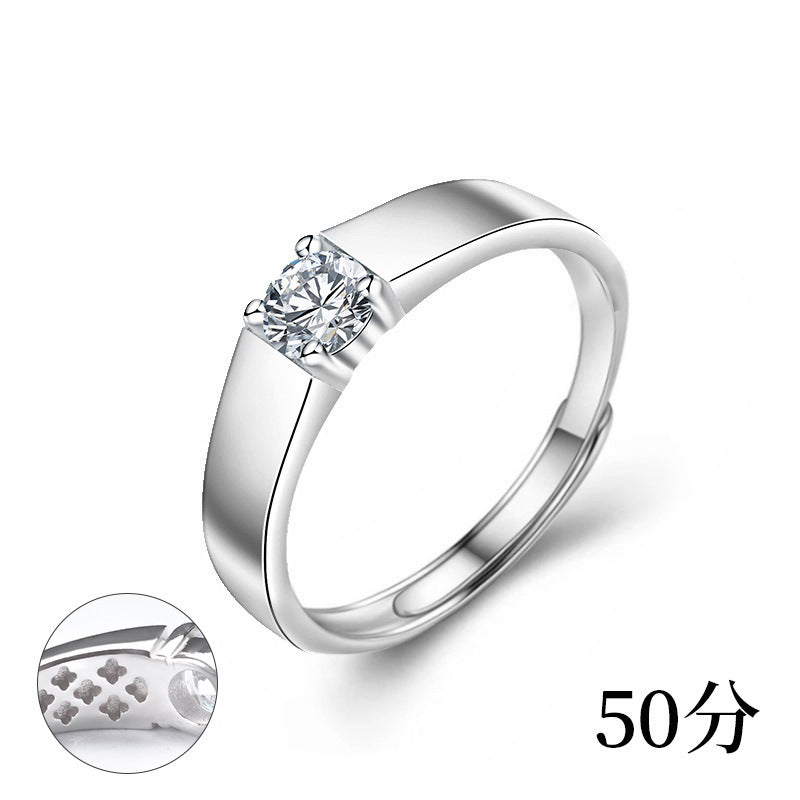 925 Sterling Silver Men's Platinum-tone Moissanite Ring Korean Style Polished Simple Open Ring Trendy Jewelry Couple