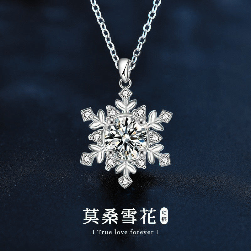 Original 925 Sterling Silver Snowflake Necklace, Universal Women's High-end Moissanite Pendant Silver Jewelry Collar Chain Gift