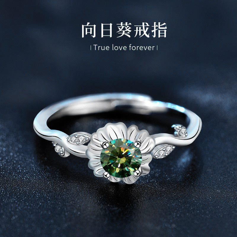 925 Sterling Silver Sunflower Ring for Women, Vintage Personalized Sunflower Open Ring, Emerald Moissanite Jewelry