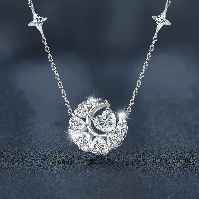 925 Silver Moissanite Star and Moon Necklace, Colorfast, Women's Design, Autumn and Winter High-end Heart Collar, Ins Unique