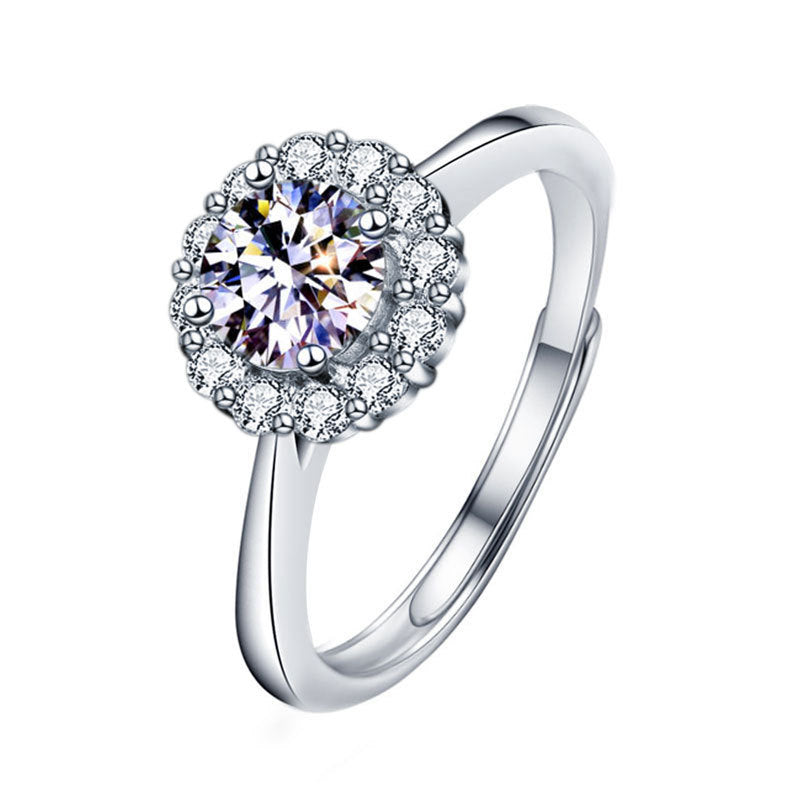 925 Sterling Silver Sunflower Ring Women's European and American Fashion Four-Claw Open Moissanite Diamond Ring Simulated Diamond Finger Ring