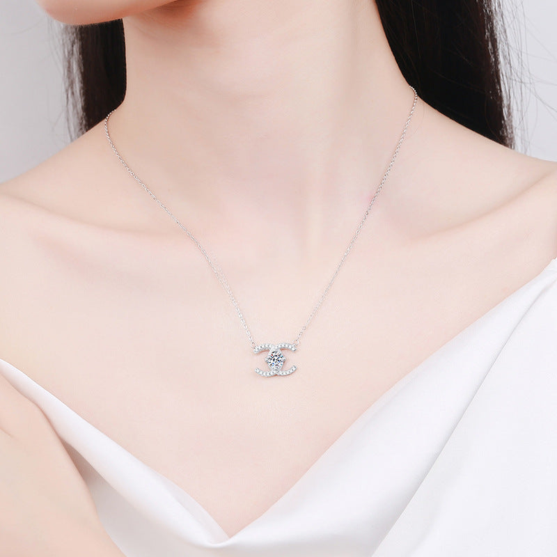 Cross-border New 925 Sterling Silver Necklace Chanel Style Double C Clavicle Chain Moissanite Pendant 1 Carat D Color