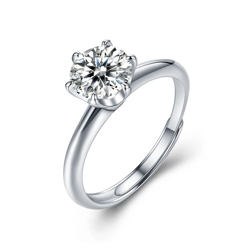 European and American Cross-border Moissanite Crown Ring 1-2 Carat 925 Sterling Silver Adjustable Opening Simple Six-Claw Women's Ring Platinum Wedding