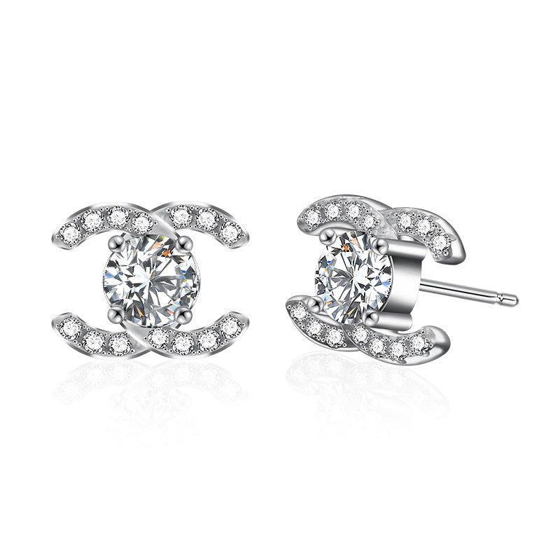 Moissanite Stud Earrings 925 Sterling Silver High-End Minimalist Temperament Double C Earrings European and American Cross-Border Jewelry