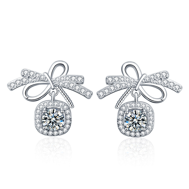 Original 925 Sterling Silver Bow Stud Earrings for Women, Simple Ins Style Moissanite Drop Earrings, Exquisite Minimalist Silver Needle Earrings