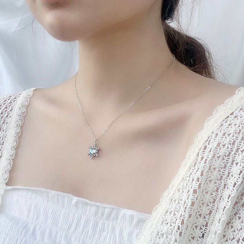 Moonstone Snowflake Necklace for Women, S925 Sterling Silver Pendant, Korean Style Fresh Clavicle Necklace, Christmas Gift Jewelry