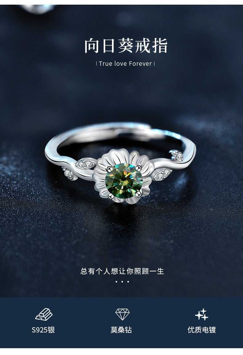 925 Sterling Silver Sunflower Ring for Women, Vintage Personalized Sunflower Open Ring, Emerald Moissanite Jewelry