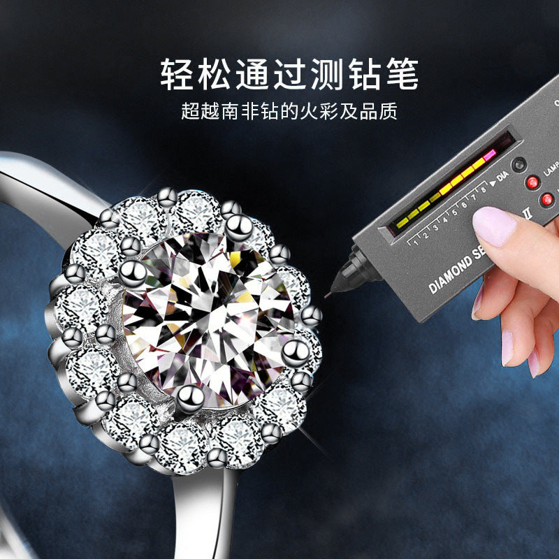 925 Sterling Silver Sunflower Ring Women's European and American Fashion Four-Claw Open Moissanite Diamond Ring Simulated Diamond Finger Ring