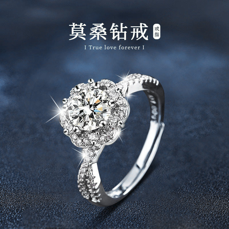 925 Sterling Silver Ring, Non-Fading, High-End Minimalist Style, Moissanite Open Ring, European and American Cross-Border Jewelry