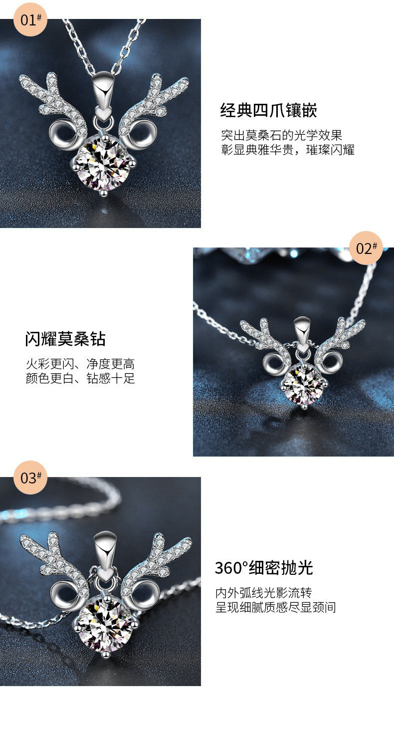 "All the Way Deer" 925 Sterling Silver Moissanite Pendant Necklace Women's INS Simple Clavicle Chain Christmas Gift Jewelry